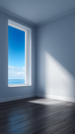 A spacious room features a large window revealing a stunning view of the ocean under a blue sky. Natural light floods the space, highlighting the wooden floor.の素材