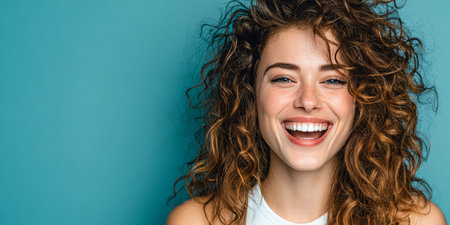 A young woman with vibrant curly hair expresses joy, smiling brightly at the camera. The background is a calming blue, adding to the overall cheerful atmosphere.の素材