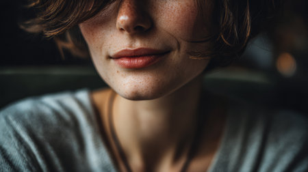 A young woman sits comfortably in a cozy cafe, her short hair partially covering her face. She has a relaxed expression, enjoying the calm atmosphere of the late afternoon.の素材