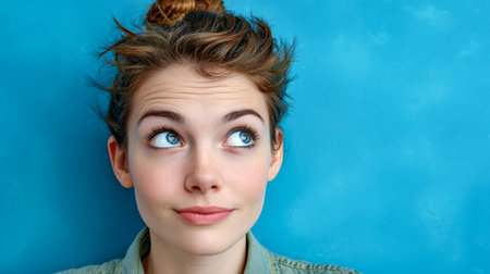A young woman with light brown hair styled in a bun looks up thoughtfully, her expression hinting at curiosity or contemplation against a bright blue background.の素材