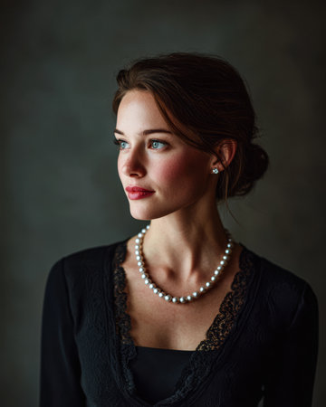 A young woman stands with poise, wearing a black outfit and a pearl necklace. Her hair is styled, and her expression is serene. Soft lighting highlights her features, creating a peaceful atmosphere.の素材