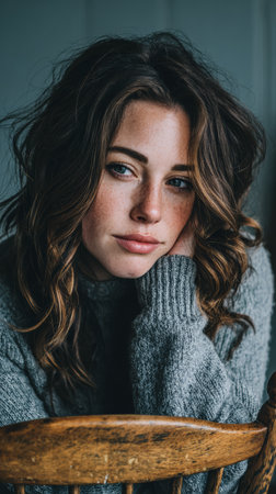 A young woman rests her chin on her hand, displaying her soft curly hair and thoughtful gaze. The warm, inviting background enhances her natural beauty and serene mood.の素材