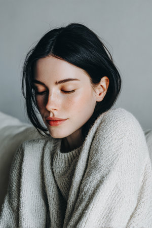 A woman sits comfortably on a sofa dressed in a cozy sweater. Her eyes are closed, reflecting a peaceful moment of relaxation in a softly lit space.の素材