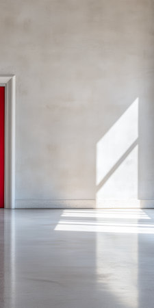 Sunlight streams through a large window, casting shadows on a smooth floor in a minimalist space. A bold red door adds a splash of color to the serene atmosphere.の素材