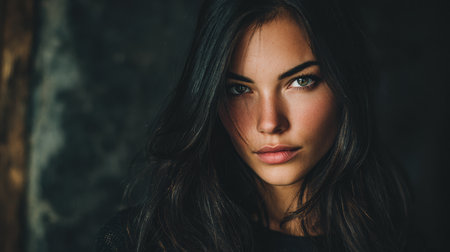 A young woman with long, flowing dark hair gazes closely, her striking features illuminated softly in a shadowy space. The atmosphere is moody and intimate.の素材