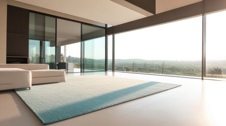 Bright and airy living room featuring a sleek white sofa and a soft blue rug, showcasing panoramic glass windows that overlook a beautiful sunset landscape.の素材