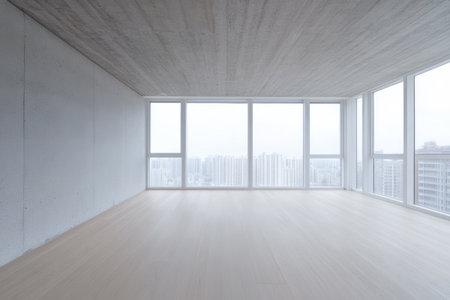A spacious room features concrete walls and expansive windows. The cloudy sky provides a muted light over the cityscape visible beyond the glass.の素材
