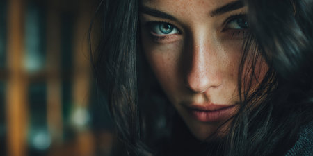 A young woman looks directly at the camera, her blue eyes filled with emotion. Soft indoor lighting enhances her features, creating a warm atmosphere in the room.の素材