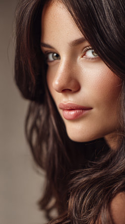 A young woman with dark hair poses thoughtfully, looking directly at the viewer. Her skin is smooth, and the soft lighting enhances her natural beauty against a muted backdrop.の素材