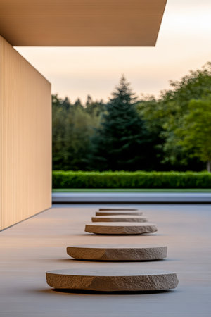 Stepping stones create a pathway in front of a sleek building, framed by trees and a vibrant green area under a warm evening sky. The structure blends modern design with nature.の素材