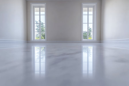 Sunlight floods a large, empty room with a polished marble floor. Two tall windows frame a view of trees outside, creating a calm atmosphere.の素材