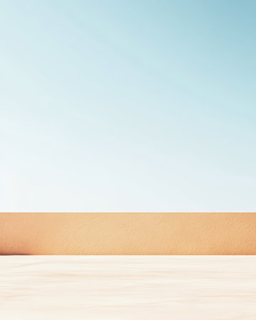 A tranquil outdoor area with a smooth surface and a simple wall. The clear blue sky above creates a calming atmosphere perfect for relaxation or social gatherings.の素材