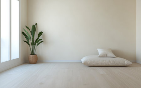 A bright room features a large, soft cushion on the floor and a potted plant in the corner. Natural light streams through the windows, enhancing the calming atmosphere.の素材