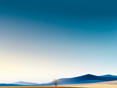 A peaceful scene features a lone tree standing on rolling hills beneath a clear blue sky. Soft hues blend, suggesting the calmness of dawn or dusk in a tranquil countryside setting.の素材