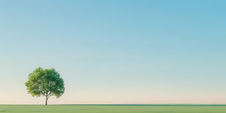A solitary tree rises in a vast, green field as the day transitions to dusk. The sky above is clear with gentle hues fading into the background, creating a peaceful scene.の素材