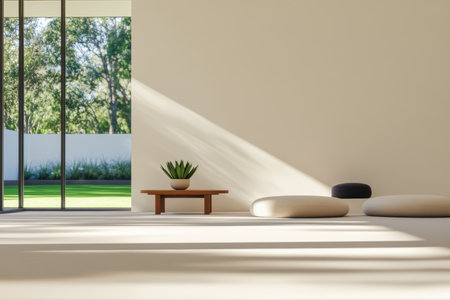 Bright sunlight enters a modern living space through large windows, illuminating soft seating and a simple table.の素材