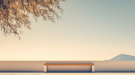 A tranquil outdoor setting features a simple wooden bench shaded by a tree. Soft colors of the sunset create a peaceful atmosphere with distant mountains visible.の素材