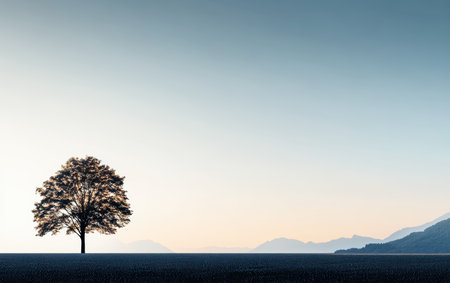 A solitary tree is silhouetted against a tranquil landscape just after sunrise. The calm sky glows softly, highlighting distant mountains and creating a peaceful scene.の素材