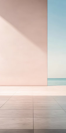 A serene coastal scene features a simple pastel structure next to calm waters. The clear sky enhances the peaceful atmosphere during midday. Soft shadows add depth to the scene.の素材