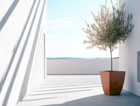 A serene patio features an olive tree in a terracotta pot. Bright sunlight casts long shadows across the minimalist space, creating a tranquil atmosphere.の素材