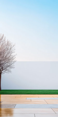 A solitary bare tree stands in front of a blank wall, surrounded by fresh green grass and shiny wet pavement. Early morning light casts a calm atmosphere over the scene.の素材