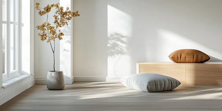 A minimalistic room filled with natural light showcases a sleek potted plant, a gray cushion on the floor, and a brown cushion on a wooden bench. The scene evokes tranquility and simplicity.の素材