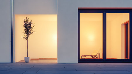 A modern building features large glass windows reflecting soft light in a serene setting. A potted tree adds a touch of nature outside the entrance, enhancing the peaceful atmosphere.の素材