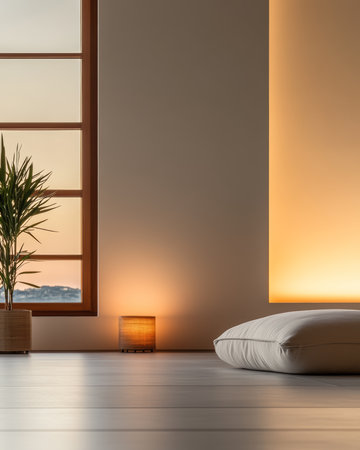 Calm room features a soft cushion on the floor and gentle lighting, creating a relaxing atmosphere as the sun sets outside the window, highlighting a plant nearby.の素材