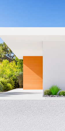 A contemporary building entrance showcases sleek lines and vibrant colors, surrounded by lush green plants under a clear blue sky, highlighting modern design in a serene outdoor setting.の素材