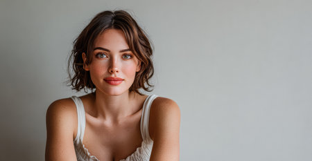 A young woman with short hair and a warm smile sits against a minimalist background. Natural light enhances her features, highlighting her fresh and confident look.の素材