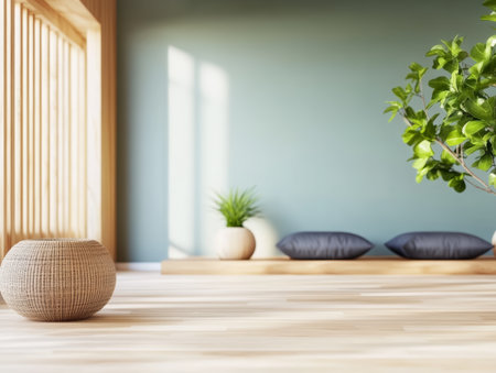 A bright, contemporary room features natural wood flooring, potted plants, and comfortable cushions. Sunlight streams in, enhancing the peaceful atmosphere and minimalist style.の素材