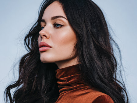 A woman with long, dark hair and striking blue eyes poses with a side profile, showcasing her features. She wears a trendy brown top, creating a stylish appearance.の素材