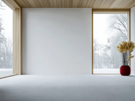 A spacious room showcases a clean, white wall with large windows revealing a snowy landscape outside. A red vase filled with dried plants adds a splash of color.の素材