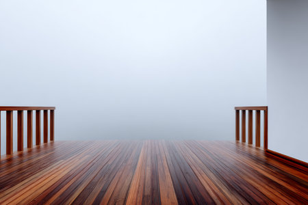A wooden deck features polished planks and railings, surrounded by a dense fog that blankets the scenery beyond. The stillness of the morning creates a tranquil atmosphere.の素材