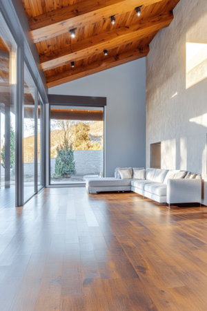Bright living room features a sleek white sofa and large glass windows letting in natural light. Wooden beams add warmth to the modern design, creating a cozy atmosphere.の素材