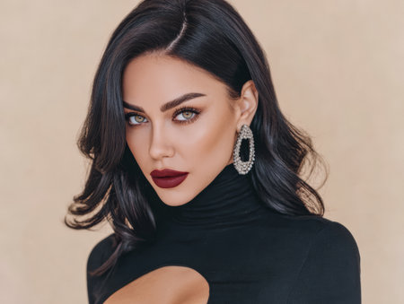 A woman showcases her beauty with dark, flowing hair and striking makeup. She is wearing a fitted black outfit and statement earrings, posing confidently against a neutral backdrop.の素材