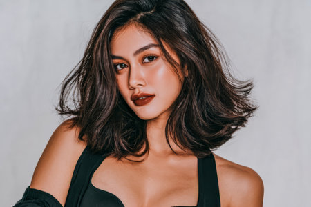 In a studio, a model with long, flowing hair and bold makeup strikes a confident pose. The dramatic lighting enhances her outfit and creates an artistic mood.の素材