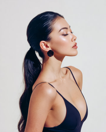 A woman poses confidently in a sleek black dress, accentuating her beauty and grace. Soft lighting highlights her features while she gazes to the side, embodying elegance.の素材