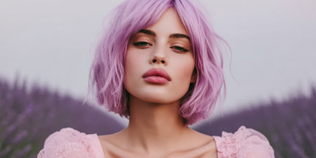 A young woman with pastel pink hair gazes directly at the camera, surrounded by blooming lavender flowers in an open field at sunset. The soft light enhances the serene atmosphere.の素材