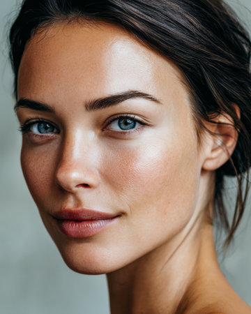 Close-up view of a woman with clear skin and captivating blue eyes. Her hair is pulled back, and the simple background highlights her natural beauty and features.の素材