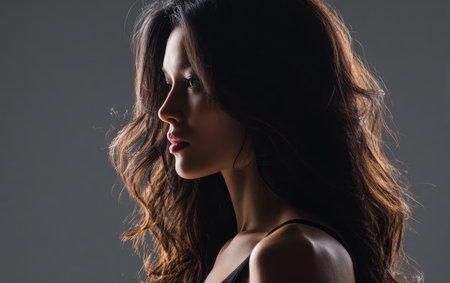 A woman poses gracefully, showcasing her long, wavy hair. Her profile is illuminated softly against a dark background, creating a dramatic visual.の素材
