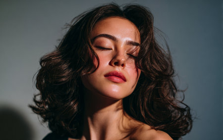 A woman with wavy hair gently gazes upward with her eyes closed, displaying a peaceful expression against a softly lit background. The atmosphere feels calm and reflective.の素材
