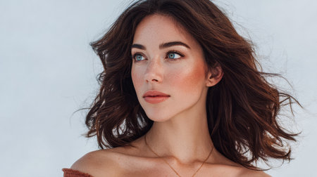 A young woman with beautiful skin and striking blue eyes poses effortlessly, showcasing her flowing hair while wearing a casual off-shoulder top. Soft light highlights her features.の素材