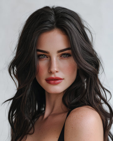 A young woman with long, wavy dark hair and captivating eyes poses confidently with a subtle smile.の素材