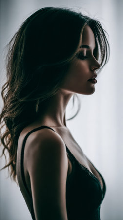 A woman stands in profile, illuminated by soft light filtering through sheer curtains. Her hairstyle cascades softly, suggesting a moment of quiet introspection.の素材