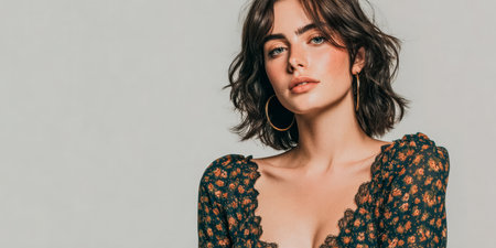 A young woman stands with a relaxed pose, wearing a floral dress and hoop earrings. Her hair is styled in loose waves, and the backdrop is neutral, highlighting her look.の素材