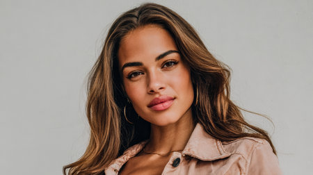 A young woman stands confidently, wearing a light jacket and displaying a warm smile. Her hair cascades down her shoulders, framing her face against a simple background.の素材