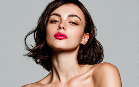 A model poses in a studio, highlighting her bold lip color and flawless makeup. The soft lighting enhances her features, creating an elegant and striking appearance.の素材