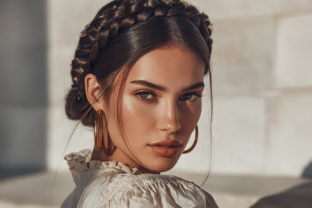 A young woman showcases her braided hairstyle with elegance, enjoying the warm glow of the sunset. Her expression is confident, highlighting her natural beauty in a tranquil setting.の素材