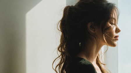 A young woman with long, wavy hair stands by a bright window. Sunlight softly highlights her features, casting gentle shadows and creating a peaceful mood. She gazes thoughtfully outside.の素材
